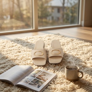 Sandales plates beiges à bout ouvert, faciles à enfiler, mode estivale, couleur unie, pour femmes, avec boucle dorée décorative, dessus en microfibre, semelle extérieure en PU - Product Image 2