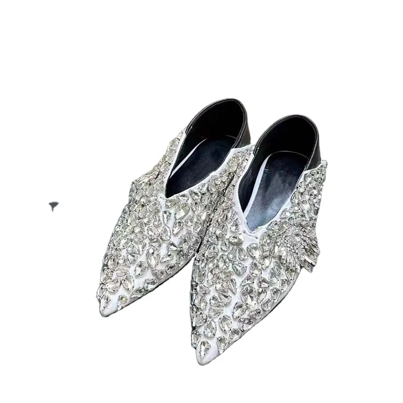 2024 summer new pointy rhinestone rhinestone single shoe women flat hundred with fairy large women's shoes