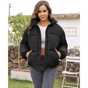 Womens Cropped Puffer Jacket Zip Up Stand Collar Lightweight <b>Quilted</b> Winter Warm Coat With Pockets - Product Image 5