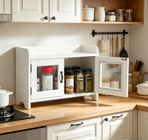 Vino Rustic Vintage White Wood Countertop Storage Rack Double Tiers Standing Type Kitchen Cabinet Organizer Customized Size - Product Image 1