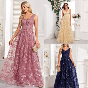 TW00131高級イブニングドレスノースリーブVネックメッシュスパンコール刺繍フルライニングAラインロングパーティードレス女性用 - Product Image 2