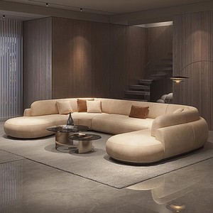 ソフトなU字型モダンホームファニチャーラウンジソファ、シンプルな特殊形状スエードホワイトソファデザイン、高級リビングルームソファセット - Product Image 3