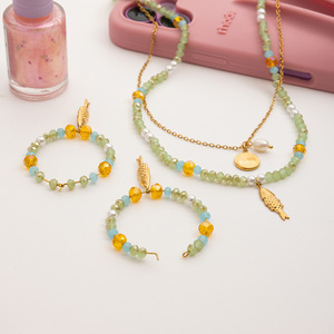 Ocean Theme Gold Stainless Steel Pearl Glass <b>Bead</b> Fish Pendant Necklace <b>Set</b> - Product Image 4