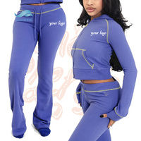 Sweat à capuche en tricot gaufré femmes ensembles tenues décontractées fermeture éclair haut court à capuche et pantalon ensemble Gym entraînement 2 pièces survêtement ensemble pour femmes