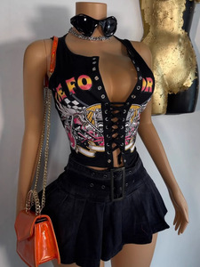 Top Senza Maniche <span class=keywords><strong>con</strong></span> Stampa Lettering e Lacci, Collo a V, Traforato, Sexy, per Club e Feste, Stile Streetwear, Estate 2026 - Product Image 6