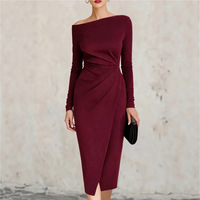 Robe de soirée fourreau midi asymétrique à une épaule pour femme, à manches longues, avec torsion latérale et fente avant