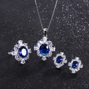 Delicate Eco-friendly Copper Dainty Floral Design Necklace <b>Earrings</b> Ring 3PCS <b>Set</b> 10*12/6*8mm Blue Zircon Flower Jewelry <b>Set</b> - Product Image 3