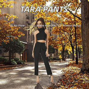 Pantalon plissé noir taille haute pour femme, coupe droite, longueur cheville, respirant, avec taille élastique - Product Image 2