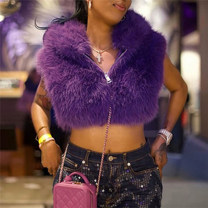 2025 Outono Inverno Faux Fur das Mulheres com capuz Colete Moda Zip até Tops de Colheita Sem Mangas - Product Image 3