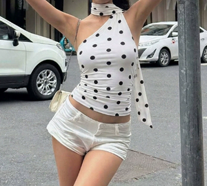 Viviblook J26TP133 Nouveau débardeur d'été asymétrique à pois avec ruban pour femme - Product Image 1