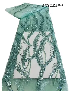 Color verde azulado algodón suizo Italia lentejuelas tela de encaje francés malla de tul encaje con cuentas para vestido de novia