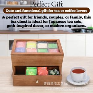 Wooden Tea <b>Storage</b> <b>Box</b> 13x7.81x7.09 Inch Double Layer With <b>Drawer</b> Compartmentalized For Tea Coffee Bags - Product Image 3