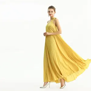 D204 personnaliser bal soirée jaune vif sangle plissée élégante une épaule maxi longue robe usine de robe pour les femmes