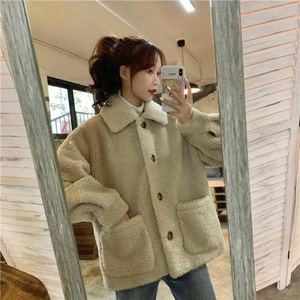 Women's Faux Fur Coat Apricot Solid Color Medium Thickness Patchwork Button Pocket Loose Short Jacket Autumn Winter Wear - Product Image 3