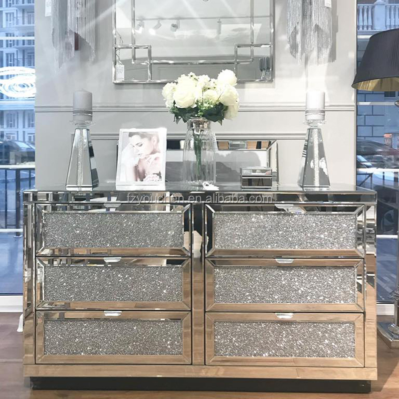Silver Crushed Diamond Crystal Mirrored 6 Drawer Chest Furniture