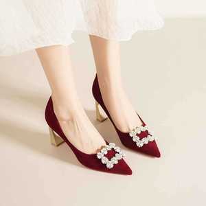 Zapatos de Tacón Alto 7777L-223 con Punta Puntiaguda, Terciopelo Negro, Decorados con Pedrería, Tacón Cuadrado, Zapatos de Novia, Tacón de 5cm-8cm - Product Image 4