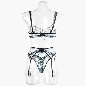 Set Tiga Potong Garter Belt Bordir Sutra Hitam Seksi dengan Cincin Baja untuk Wanita, Lingerie Erotis Transparan - Product Image 6