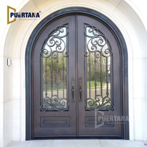 Archer-puertas de entrada doble modelo, puerta de entrada principal de hierro forjado con vidrio templado esmerilado, acabado de bronce oscuro - Product Image 1