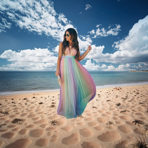 Robes midi décontractées d'été pour femmes, style nuisette, col en V profond, en maille, sans manches, à grand ourlet, colorées arc-en-ciel, coupe trapèze, respirantes - Product Image 3
