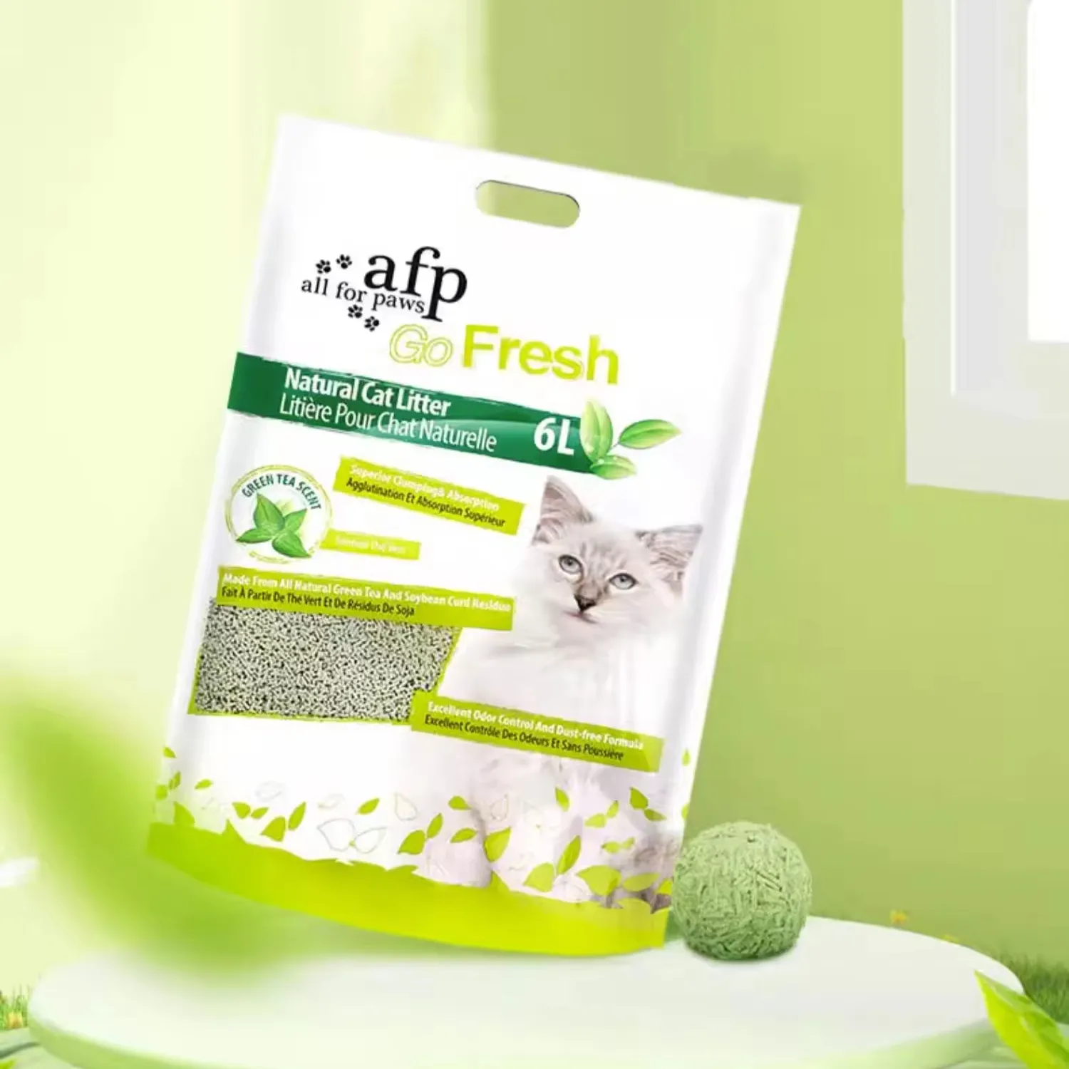 AFP Super assorbimento di granturco naturale di soia lettiera per gatti 3kg/6L a bassa polvere odore eccellente profumo di tè verde lettiera naturale per gatti