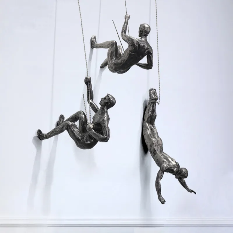 Escultura decorativa de metal moderno para decoración de pared, escultura de bronce y plata para hombre trepadora