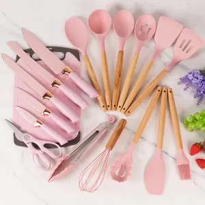 19 pièces accessoires d'ustensiles de cuisine couteau spatule antiadhésif ensemble d'ustensiles de cuisine en silicone avec manche en bois