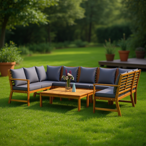 Ensemble de salon de jardin en teck avec coussins gris foncé, 6 places, mobilier d'extérieur, design contemporain, structure en bois massif - Product Image 2