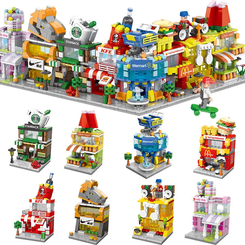 8 paket Mini şehir dükkanı sokak görünümü yapı taşları Set şeker dükkanı Cafe mağaza 6in1 rüya kız oyuncak seti, çocuklar için hediyeler