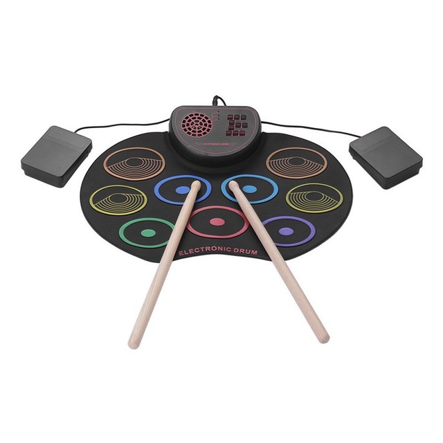 Portable Electronic Drum Set USB Drum Pad Kit 9 Drumpads Built-in Speaker with Sticks and Foot Pedals Digital Percussion