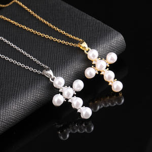 Factory Low Price Quality Excellent Copper Plated Real Gold Cross <strong>Pearl</strong> Zircon <strong>Pendant</strong> Fashion <strong>Necklace</strong> Women - Product Image 2