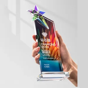 Custom Free Logos Business Gift Solid Star Clear Glass Crystal Award Trophy Blank With Crystal Base For Sports Conference Events