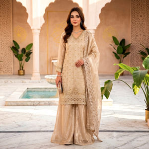 Ensemble prêt-à-porter entièrement cousu avec haut en soie Fandy orné de perles et de broderies de sequins, pantalon Plazzo et dupatta. - Product Image 1