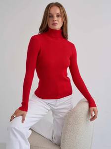 Suéter ajustado elástico para mujer, suéter de cuello alto, Top LARGO DE PUNTO suave para invierno, Tops sólidos básicos de costilla cálida, informal básico de talla grande para otoño - Product Image 4