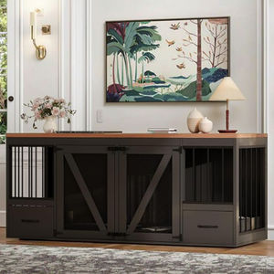 Besleyici çanaklar ile Modern oturma odası ahşap köpek sandık çıkarılabilir bölücü ile 2 köpekler için kapalı köpek kulübesi mobilya - Product Image 2