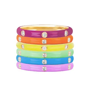 Pride Enamel Pastel Rainbow Stack Band 3 Berlian 925 Perak Enamel Cincin Wanita