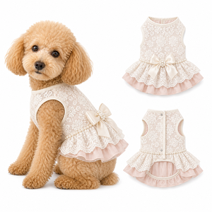 Robe de princesse pour chien sans manches en dentelle florale avec nœud perlé, vêtements pour animaux de haute couture, jupe élégante à boutons au dos - Product Image 1