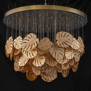 Luminaires <span class=keywords><strong>de</strong></span> projet, lustres personnalisés, LED, métal, feuilles <span class=keywords><strong>de</strong></span> <span class=keywords><strong>palmier</strong></span> dorées, <span class=keywords><strong>luminaire</strong></span> <span class=keywords><strong>de</strong></span> plafond pour hall d'hôtel, villa - Product Image 1