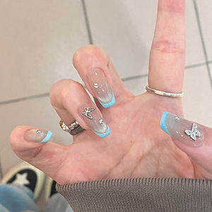 Fournisseur en gros <span class=keywords><strong>Ongles</strong></span> à pression papillon à pois métalliques French Blue Edge Oeil de chat <span class=keywords><strong>Ongles</strong></span> artificiels carrés Faux <span class=keywords><strong>ongles</strong></span> faits à la main - Product Image 1