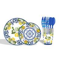 Ensemble de vaisselle jetable en acier inoxydable de style pastoral transfrontalier avec 8 serviettes pour décorations d'événements et fêtes d'anniversaire