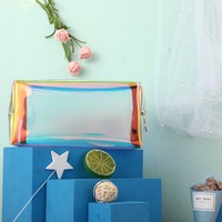 Pochette de rangement pour maquillage de voyage personnalisable, transparente, holographique, en PVC, sac cosmétique lavable avec fermeture éclair, design tendance