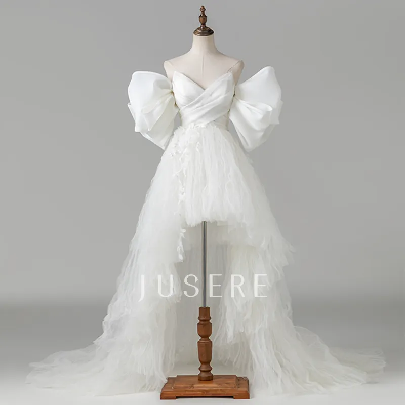 높은-낮은 strapless v-목 웨딩 드레스 짧은 웨딩 드레스 푹신한 소매 신부 가운 기쁘게 드레스 2021 새로운 디자인 플러스 크기