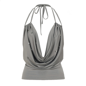 Top Halter de Punto Transpirable de Color Liso con Escote en V Profundo y Sexy, con Espalda Descubierta y Botones Fruncidos, sin Mangas - Product Image 6