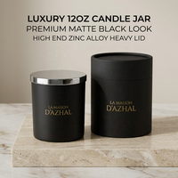 Pot à bougie cylindrique en verre noir de 9 oz et 12 oz, avec couvercle en alliage de zinc à estampage doré exquis, professionnel et élégant