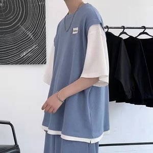 Verano Waffle manga corta hombres sueltos de talla grande estudiante <span class=keywords><strong>baloncesto</strong></span> uniforme puro algodón tendencia niños <span class=keywords><strong>camiseta</strong></span> conjunto - Product Image 4