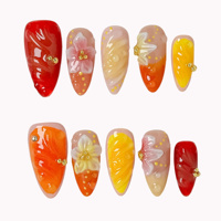 Faux ongles à presser en acrylique, forme amande, dégradé orange-jaune, motif fleur 3D et perles, personnalisables, fournisseur en gros pour salons de manucure