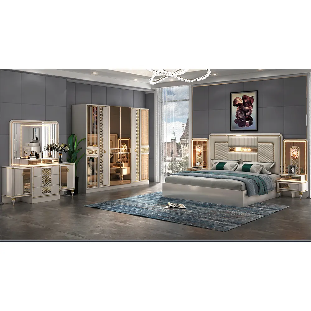 Set furnitur kamar tidur desain modern, set ranjang ukuran king dengan lemari geser dan meja rias, set 5 buah untuk rumah 9901