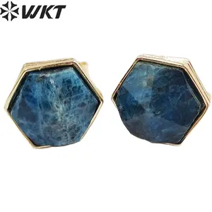 WKT-E700 Wholesale new fashion gold bezel hexagon stone studs earrings faceted natural Labradorite Amethyst studs for friends