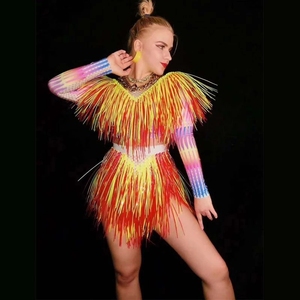 Body con Frange Colorate e Strass, Costume da Ballo per <span class=keywords><strong>Donna</strong></span>, Abito Luminoso per Spettacoli in Nightclub e Cantanti - Product Image 4