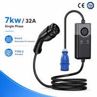 Chargeur EV portable 7kW Type 2 32A réglable 16A-32A IC-CPD avec écran LCD et minuterie, prise UK, chargeur rapide de voyage monophasé 7 kW, prise CEE 3 broches