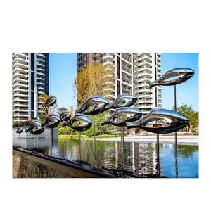 Outdoor fountain pond decoration stainless steel fish contemporary garden sculpture